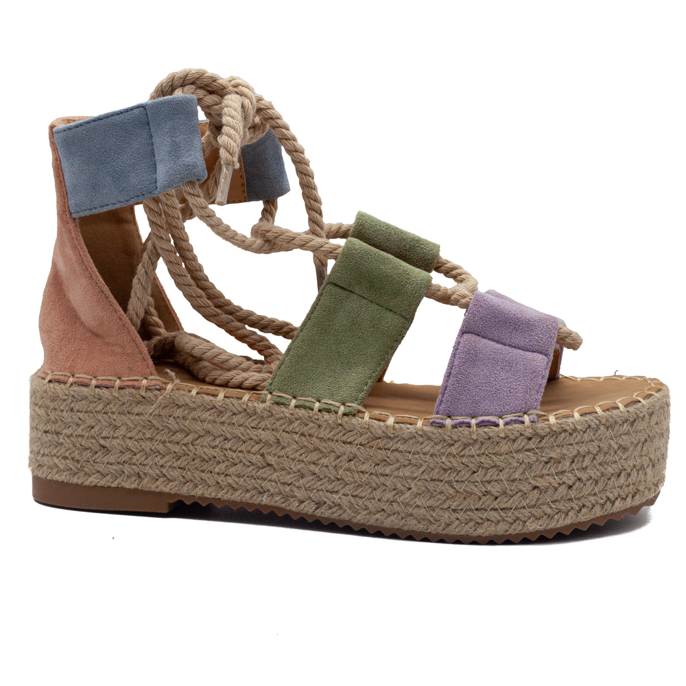 Sandalia multicolor con cuerdas y plataforma de yute en antelina - Yolanda  Calzados