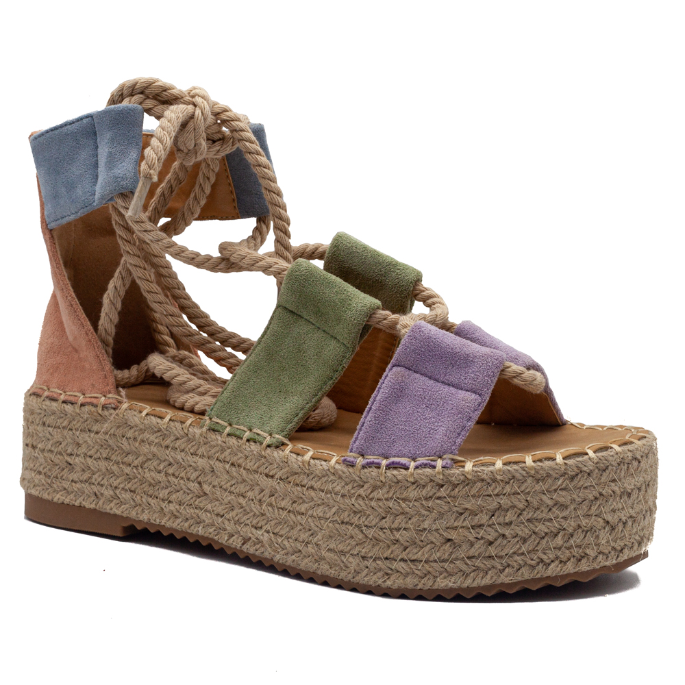 Sandalia multicolor con cuerdas y plataforma de yute en antelina - Yolanda  Calzados