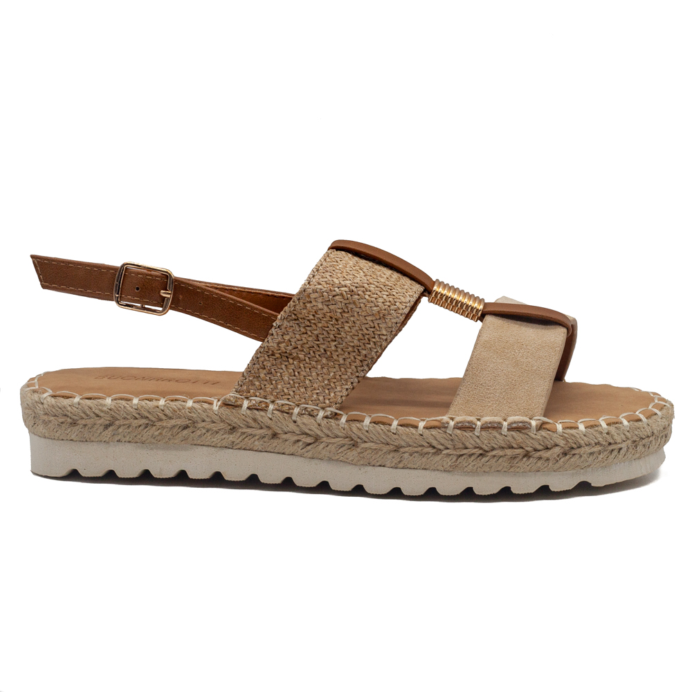 Sandalia beige de dos tiras combinada con rafia - Yolanda Calzados