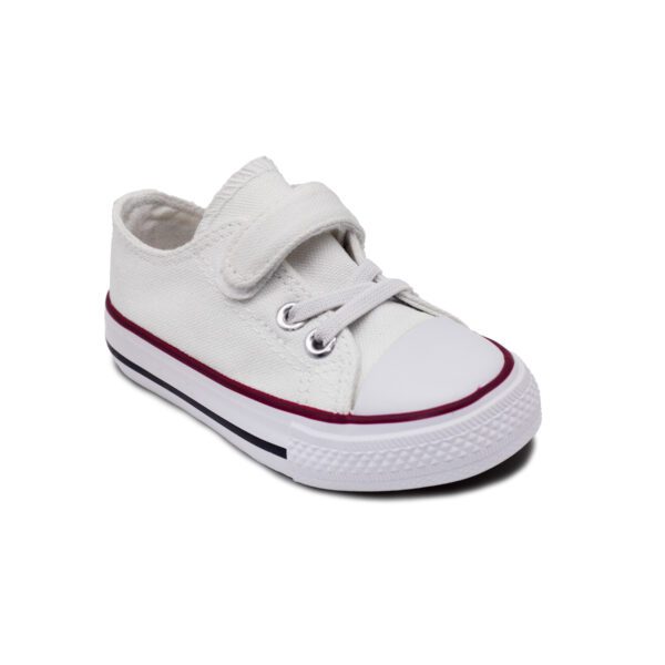 Zapatillas de lona infantiles blancas con velcro, cordones elásticos y puntera reforzada para uso diario