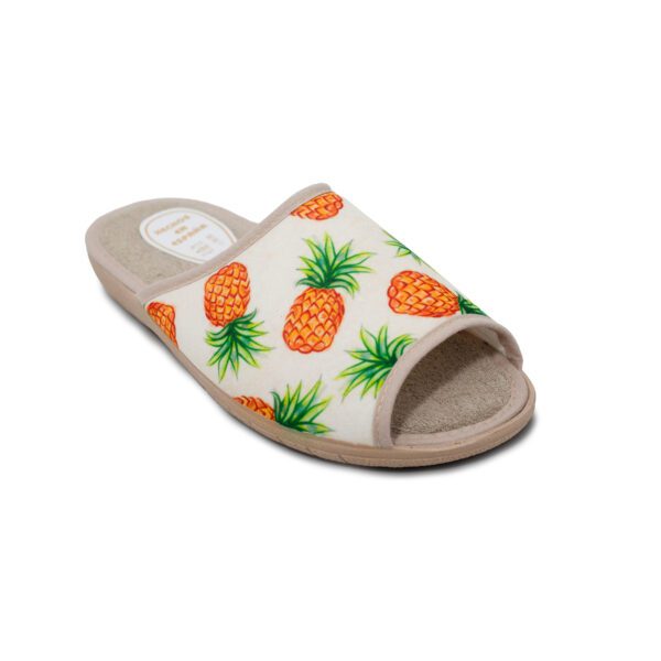 Zapatillas de casa para mujer con estampado de frutas, diseño abierto y plantilla acolchada