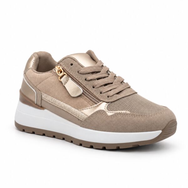 Zapatilla de mujer modelo XX-111 en kaki con cuña de 4 cm, cordones y cremallera lateral