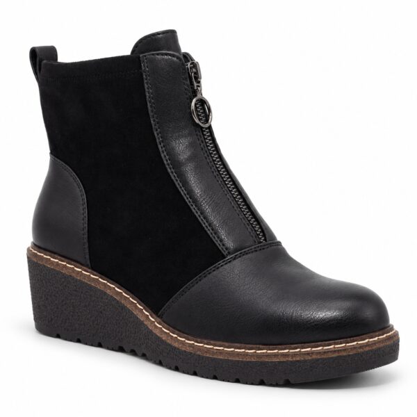 Botín de mujer modelo 1069 negro con cuña de 5 cm, cremallera frontal y combinación de acabados