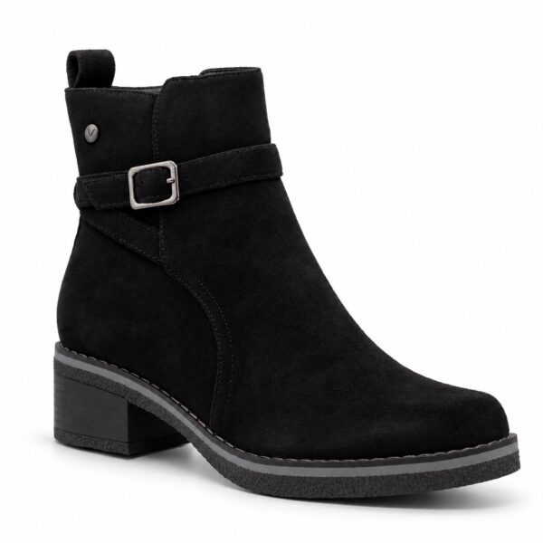 Botín de mujer modelo 1072 negro con tacón de 5 cm, tira con hebilla metálica y acabado textil