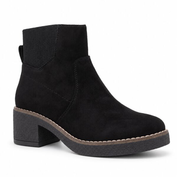 Botín de mujer modelo 1081 negro de antelina con tacón ancho y panel elástico lateral visible