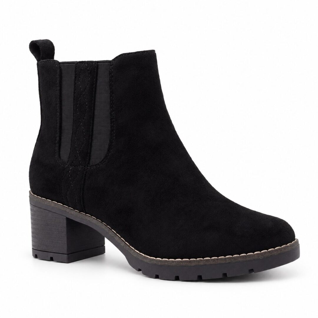 Botín mujer 1086 negro con tacón Botín de mujer modelo 1086 negro con acabado de antelina, tacón de 5,5 cm y panel elástico lateral visible