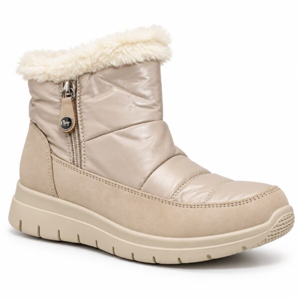 Botín de mujer modelo 1158 en beige, con diseño acolchado, borde de pelo y cremallera lateral
